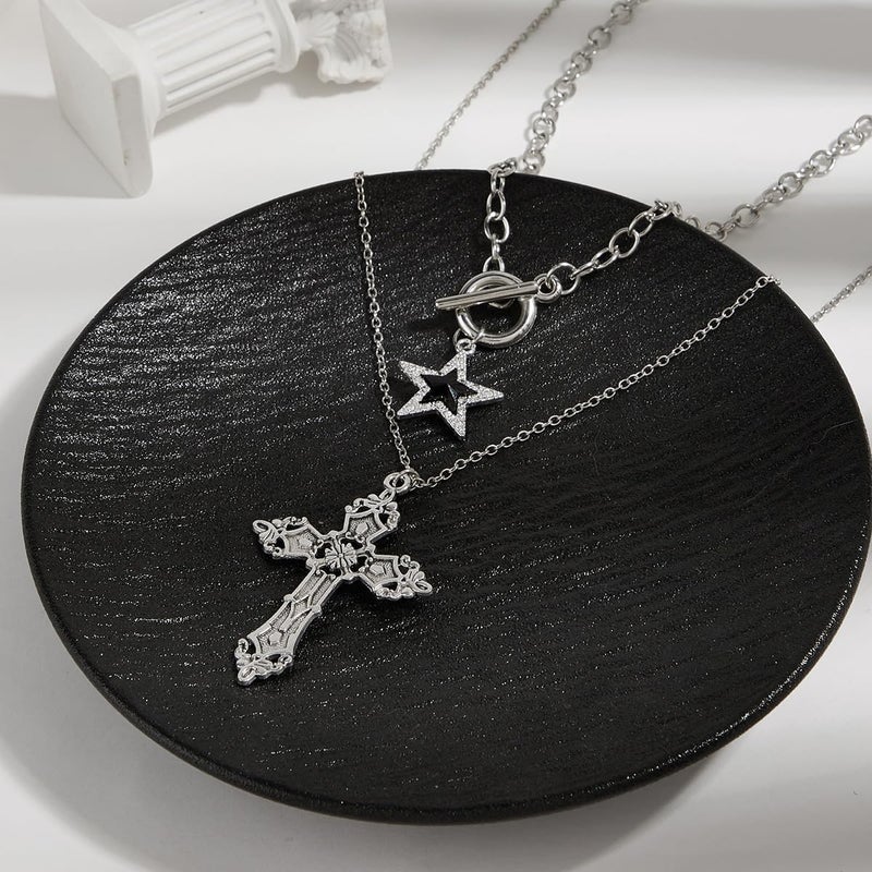 Hremhoo Gothic Cross Necklace for Women Exaggerate Large Cross Pendant Necklace Gothic Layered Choker Necklaces Punk Goth Emo Grunge Y2k Necklaces for Women - Image 5